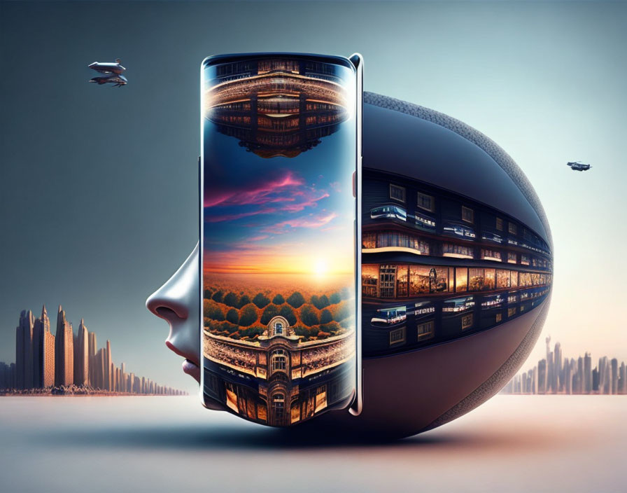 Surreal image: smartphone displays sunset merging with face and futuristic building