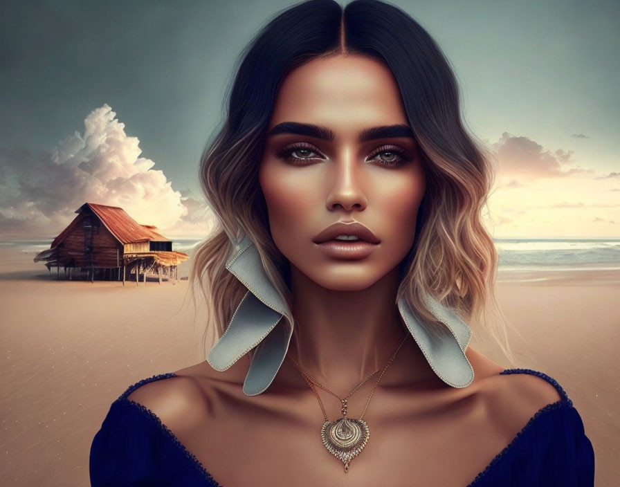 Digital artwork: Woman with necklace on beach at sunset