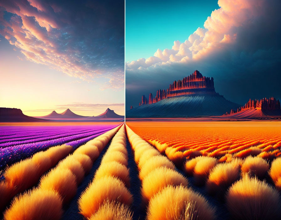 Surreal dual landscape collage: purple fields and orange vegetation under dramatic skies