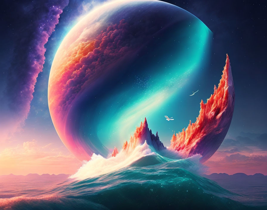 Surreal landscape with crashing waves, rocky peaks, celestial body, twilight sky.