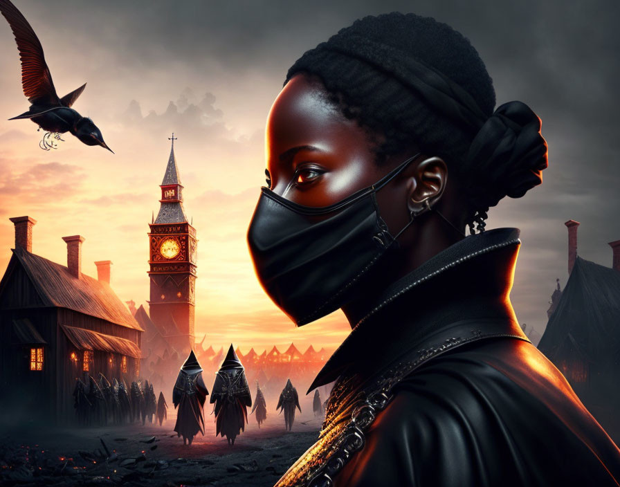 Woman with mask and braided hair in dystopian setting with clock tower at dusk