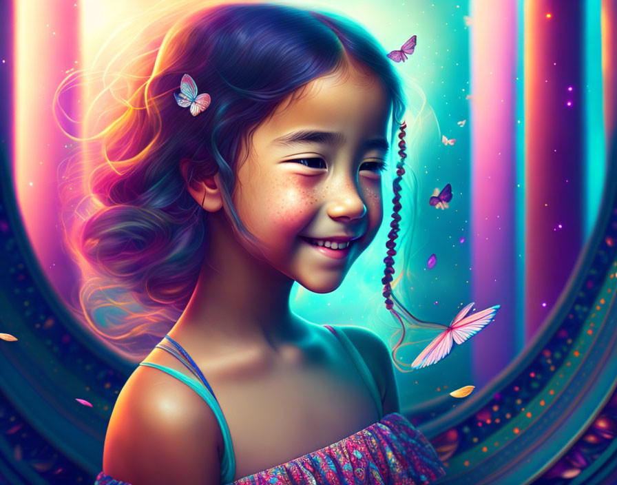 Whimsical smiling girl with glowing butterflies on vibrant background