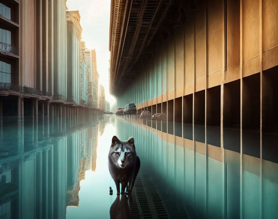 Lone wolf by calm water with futuristic cityscape reflected