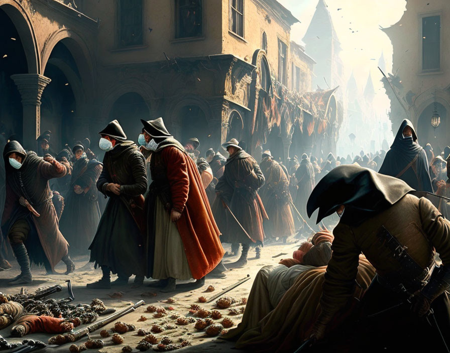 Medieval street scene with plague doctor masks and distressed crowd