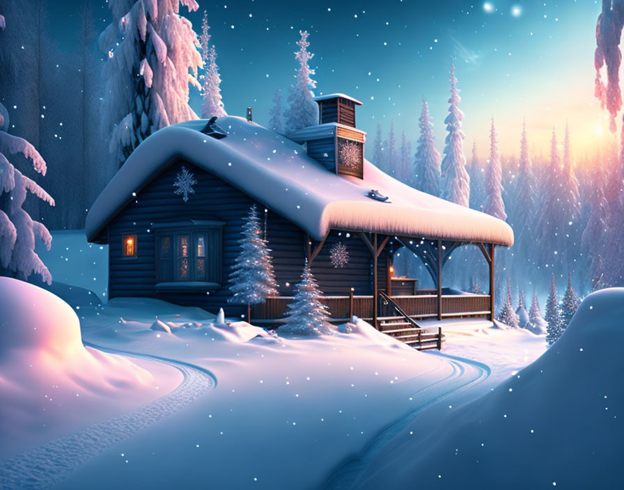 Snow-covered cabin in serene wintry scene with pine trees and starry sky