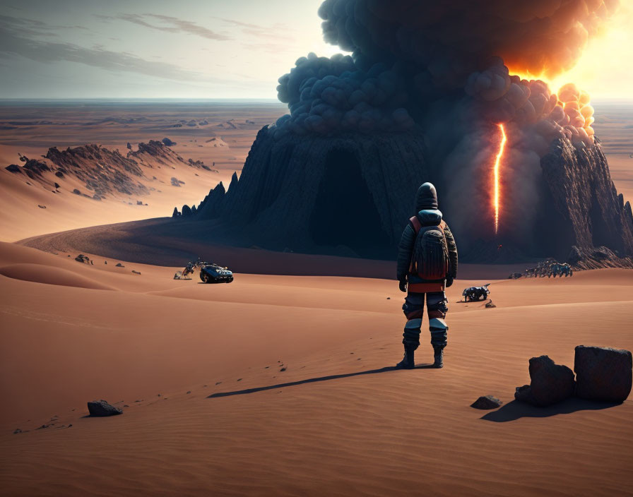 Person in spacesuit faces volcanic eruption on alien landscape with futuristic vehicles.