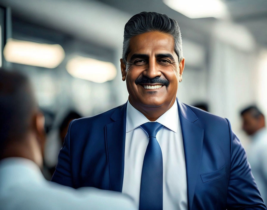 Gray-haired man in blue suit, white shirt, tie, office background