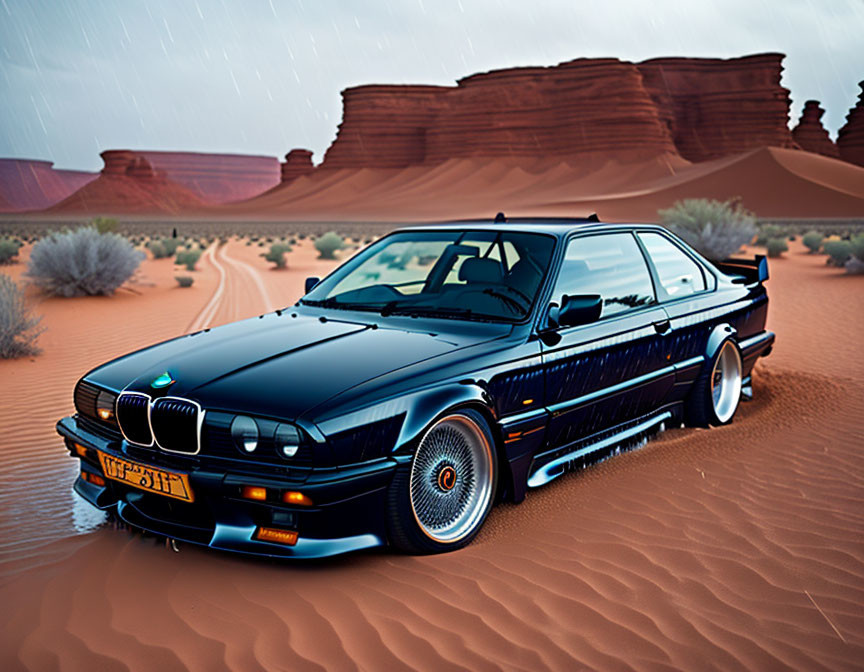 Luxury black BMW parked in desert with red rock formations and cloudy sky