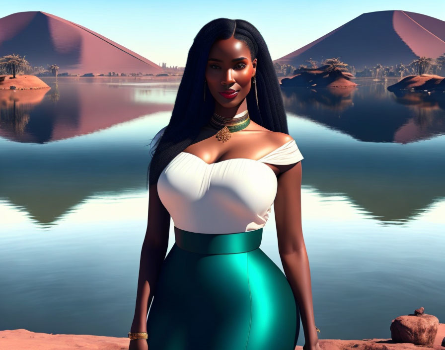 Dark-skinned woman in white and teal dress with gold jewelry, in desert pyramid setting