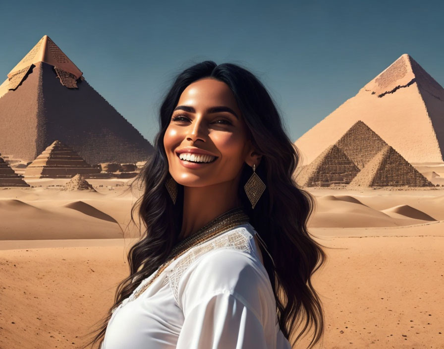 Smiling woman with dark hair near Great Pyramids.