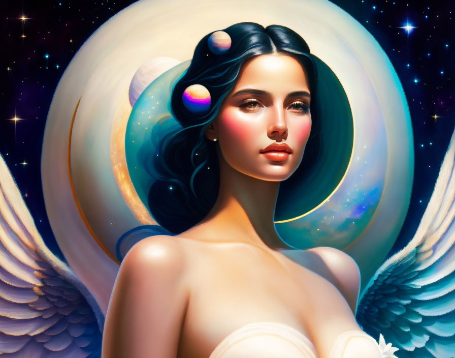 Stylized portrait of woman with dark hair and cosmic elements on crescent moon backdrop