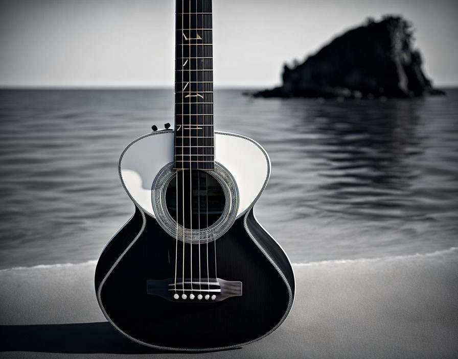 Reflective surface with black acoustic guitar, calm sea, and rock formation.