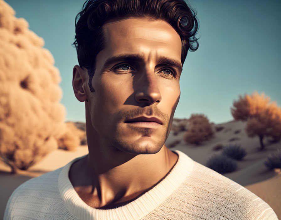 Man in white sweater with styled hair in desert landscape