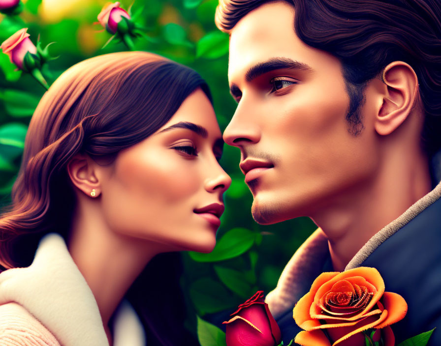 Side profile of romantic couple with vibrant roses.