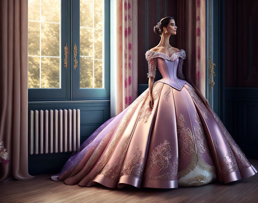 Illustrated woman in wide off-the-shoulder pink ball gown gazes out window in classic room