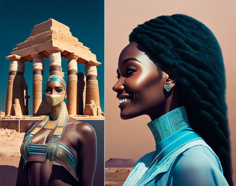 Stylized portrait of smiling woman with braided hair next to ancient Egyptian architecture under clear blue sky