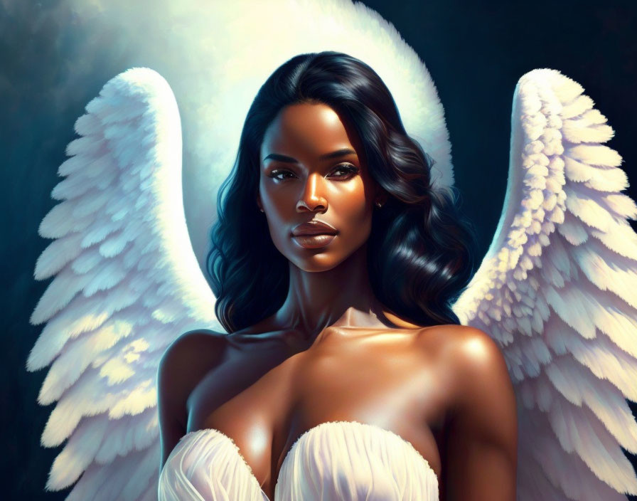 Ethereal woman with angel wings and halo in white garment