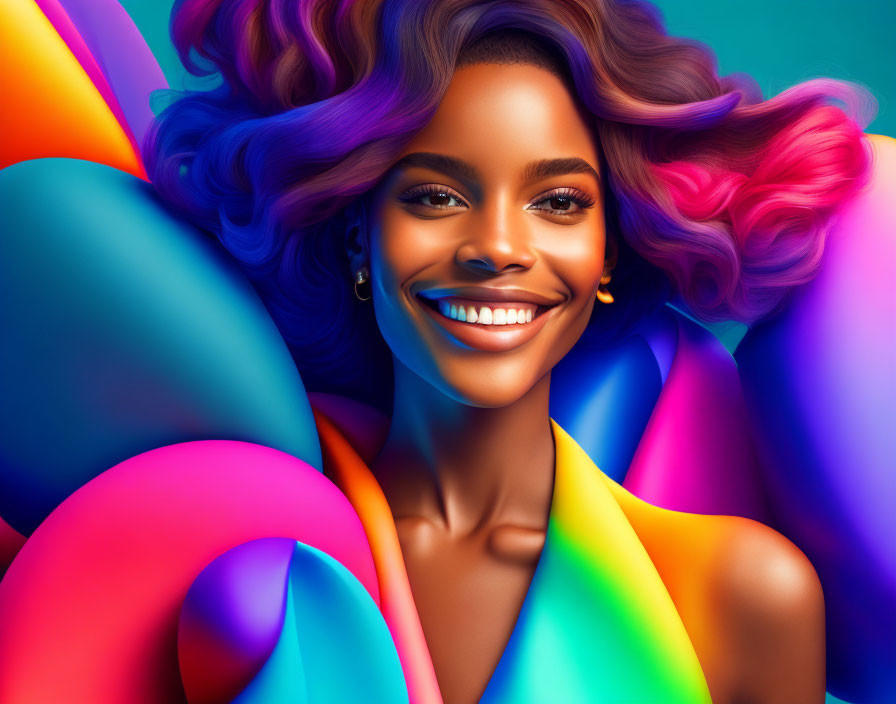 Colorful digital artwork: Smiling woman with flowing hair and abstract shapes