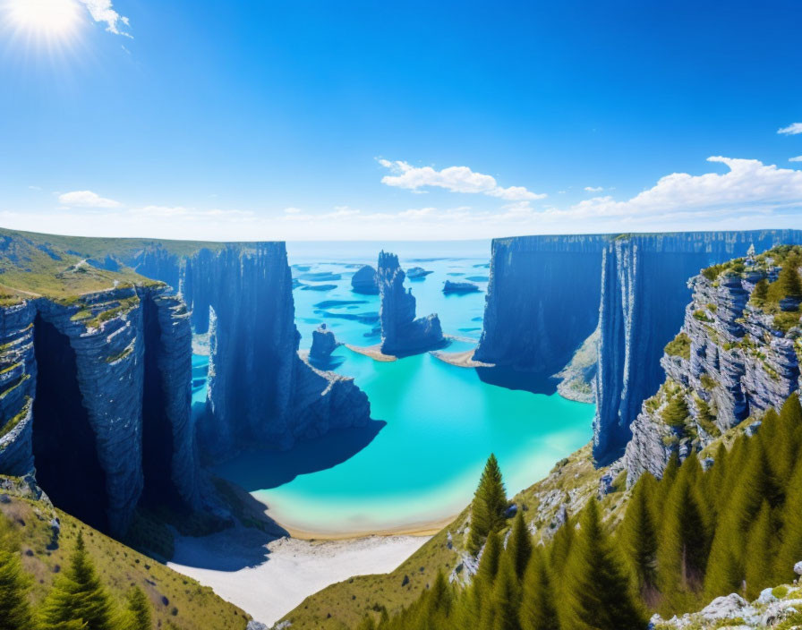 Majestic landscape: towering cliffs, turquoise lake, lush greenery