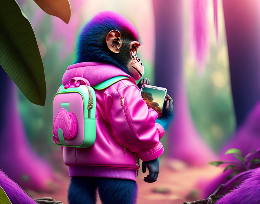 Vibrant blue and purple monkey with pink jacket and smartphone