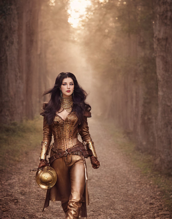 Steampunk-themed woman in corset and leather jacket holding a helmet in misty forest.