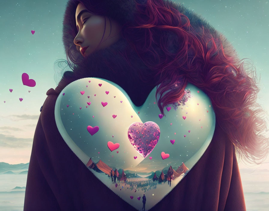 Red-haired woman in coat under twilight sky with heart landscape and smaller hearts.