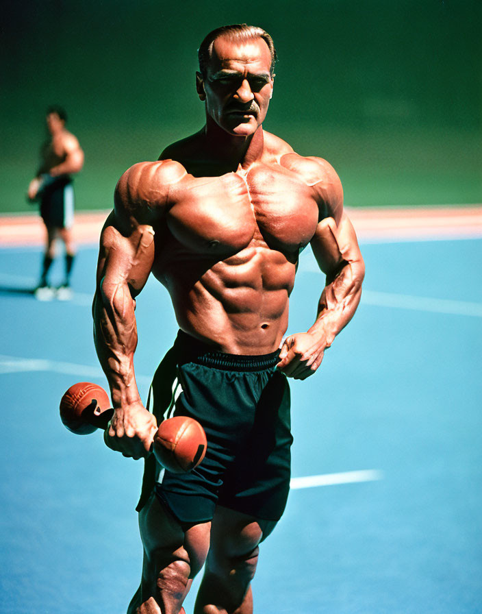 Muscular man poses with dumbbell in indoor sporting arena