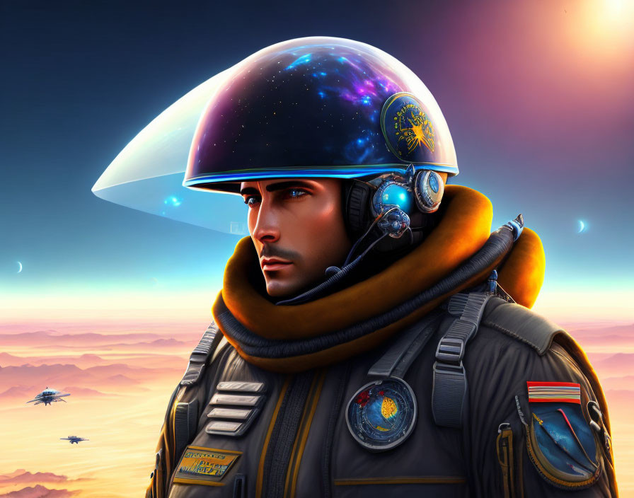 Futuristic astronaut with cosmos helmet in desert landscape