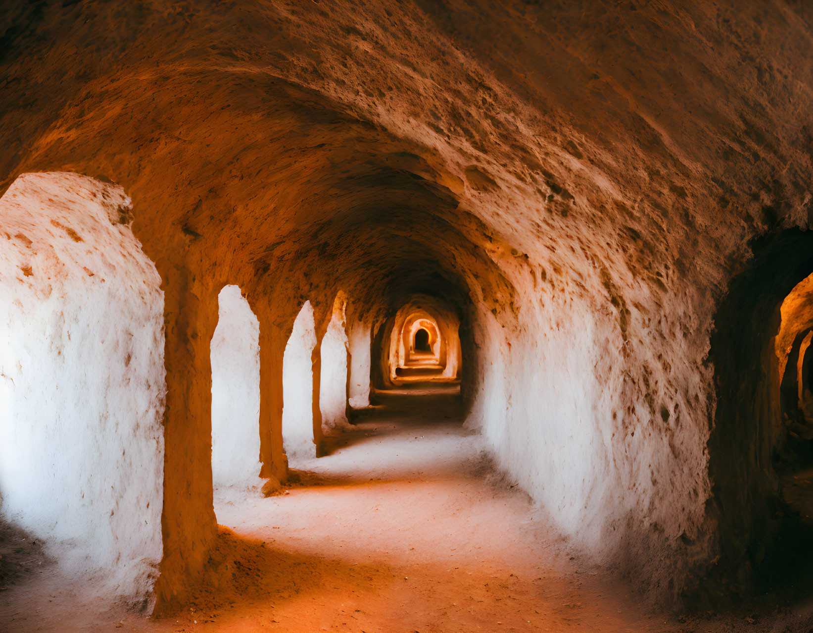 Illuminated Underground Tunnel with Arched Entrances