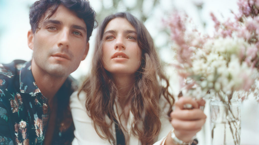 Couple holding bouquet of flowers in soft focus