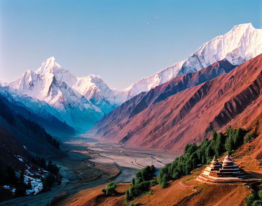 Snowy Mountains Over Serene Valley with Riverbed and Stupa