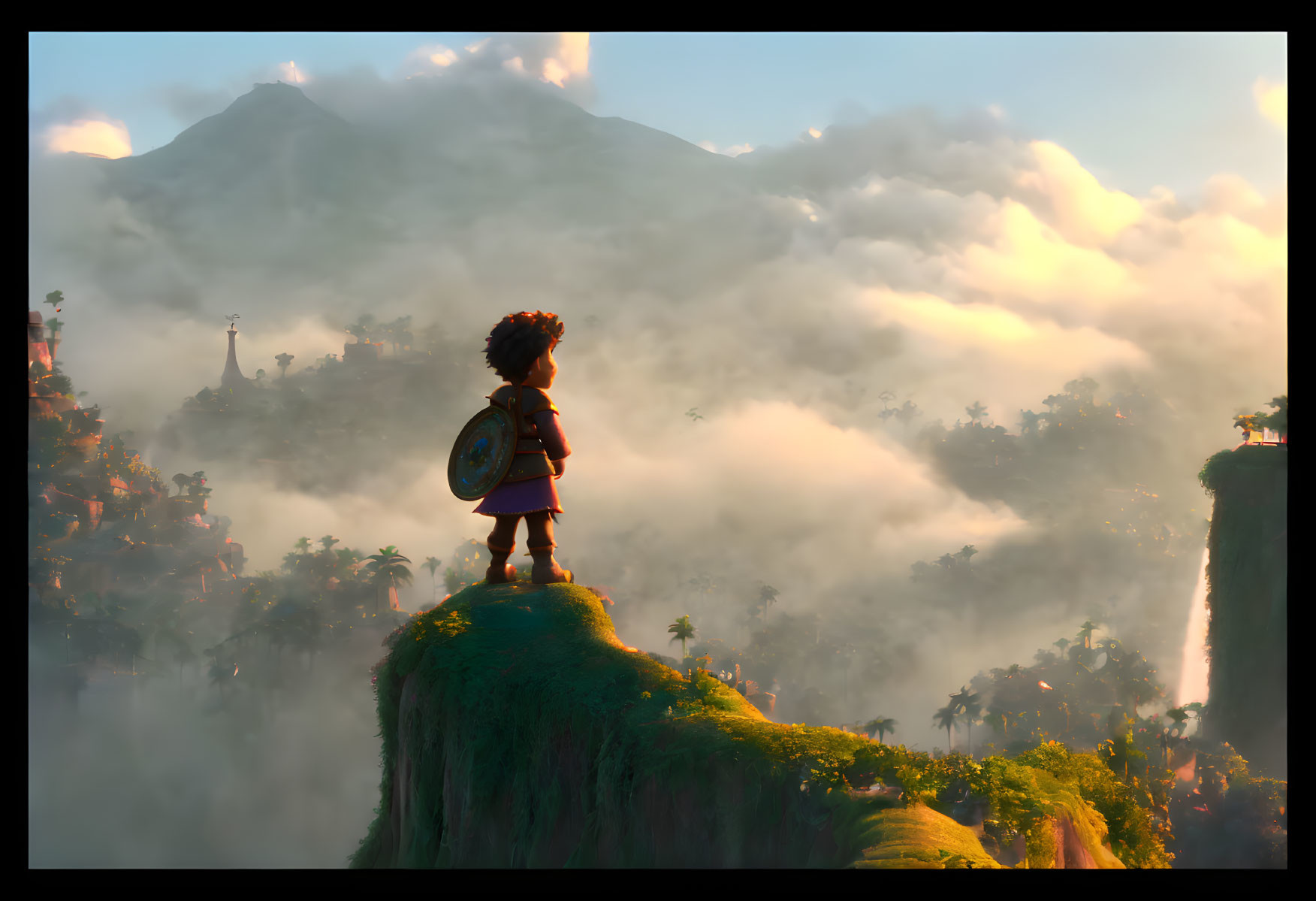 Animated character on cliff edge gazes at mountain through clouds