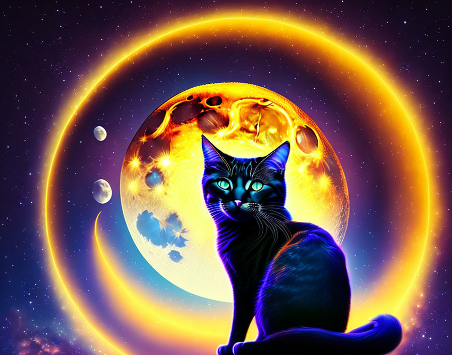 Black cat against vibrant cosmic backdrop with moons and stars