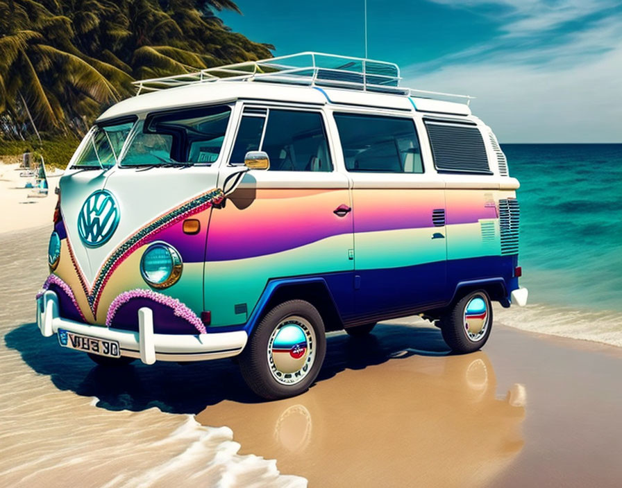 Colorful Volkswagen Van on Tropical Beach with Palm Trees