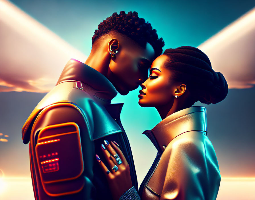 Stylized futuristic couple in intimate moment under vibrant lights