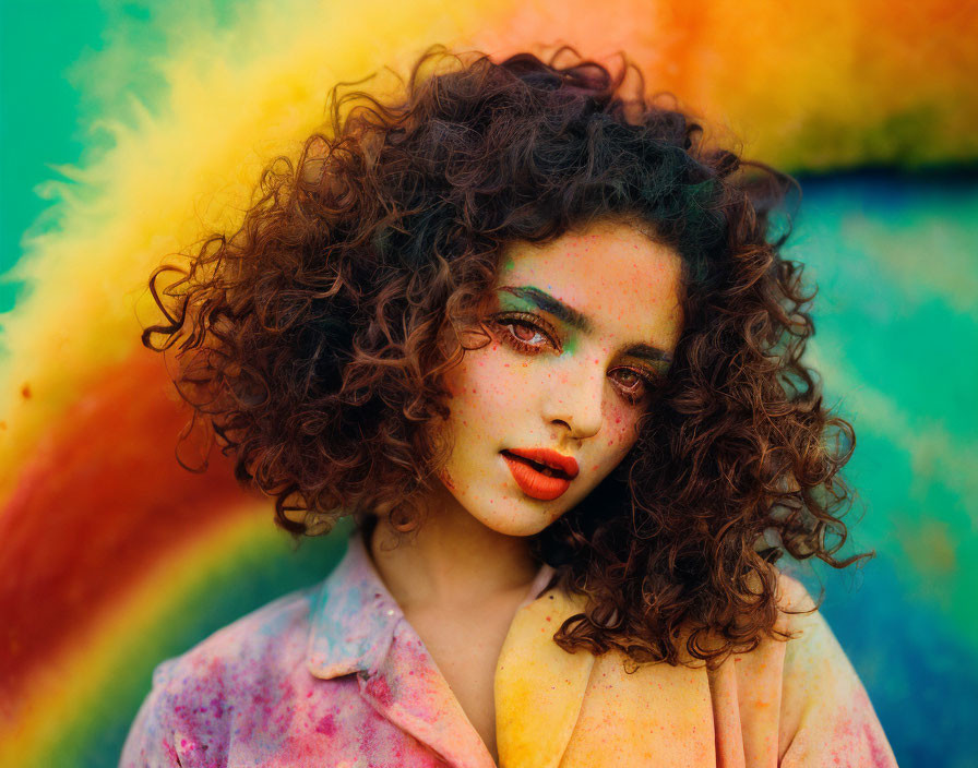 Person with Curly Hair in Vibrant Rainbow-Colored Portrait