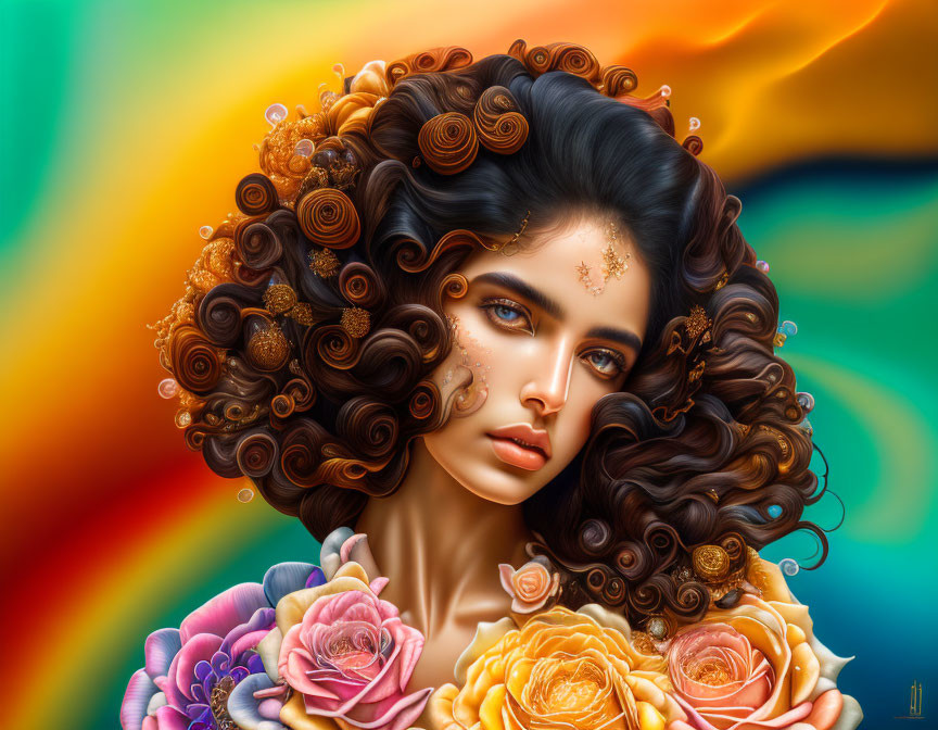 Intricate hair adorned with roses digital artwork.