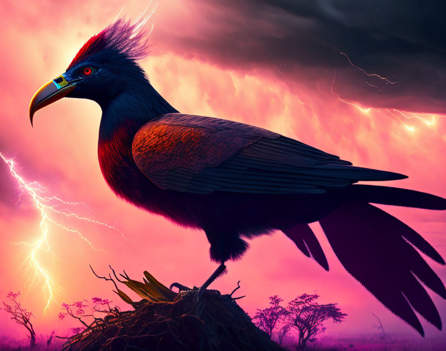 Mythical bird with vibrant crest perched on nest under dramatic purple sky