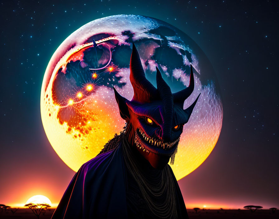 Person in Dragon Mask with Fiery Planet and Savanna Silhouette