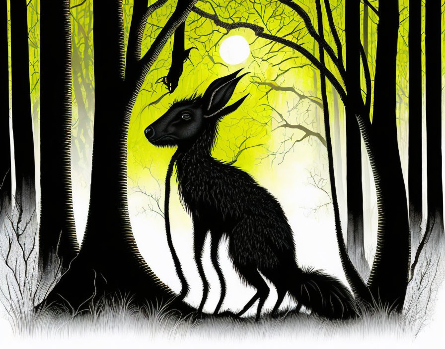 Black furry creature in surreal forest with twisted trees and full moon