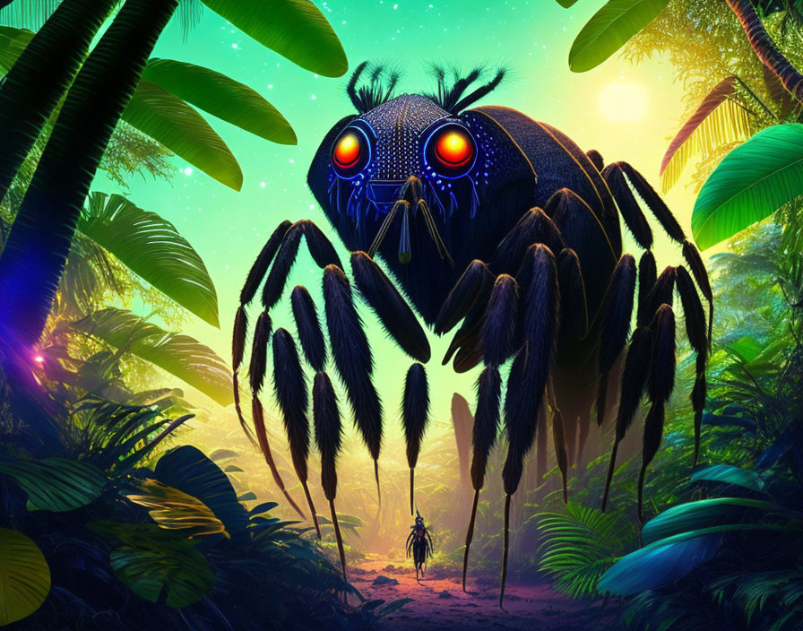 Person Confronts Giant Spider in Luminous Jungle