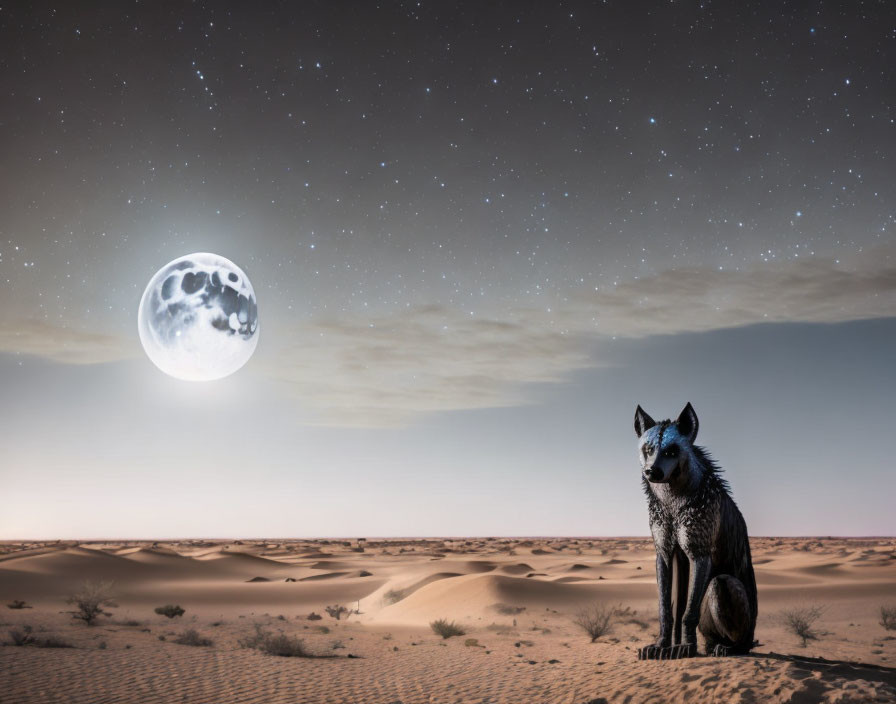 Desert fox under starry sky with full moon