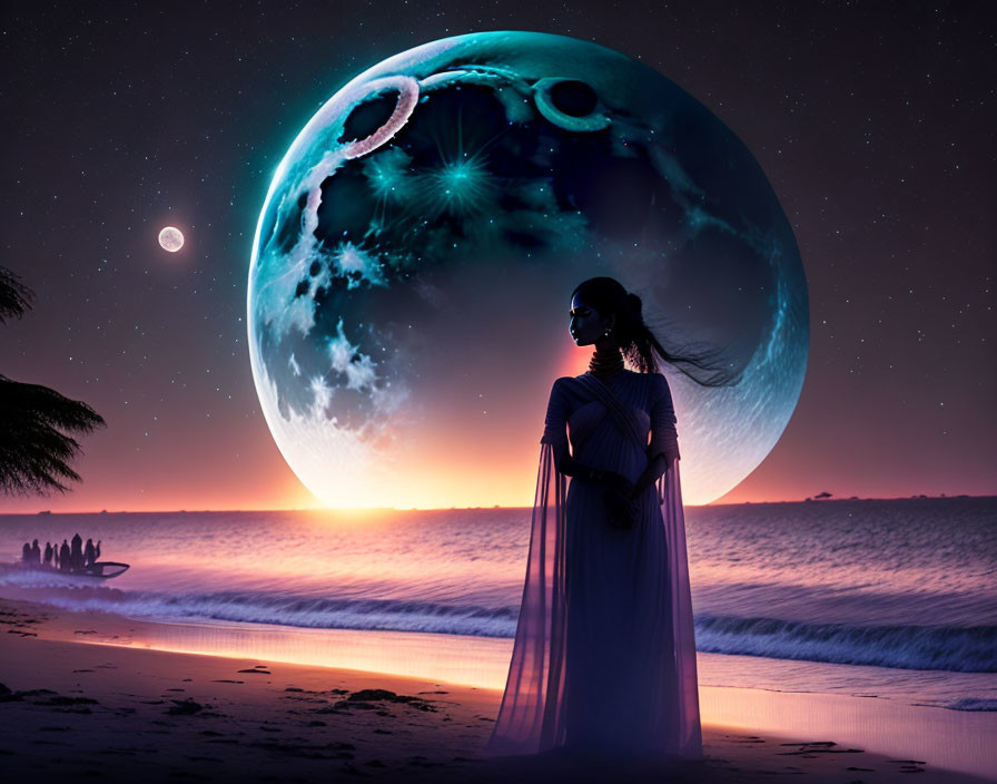 Woman in flowing dress gazes at fantastical planet on beach at twilight