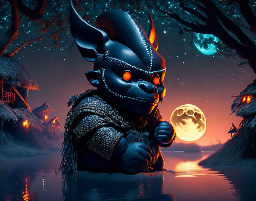 Stylized tribal warrior character with boar-like mask by night river and orange moon