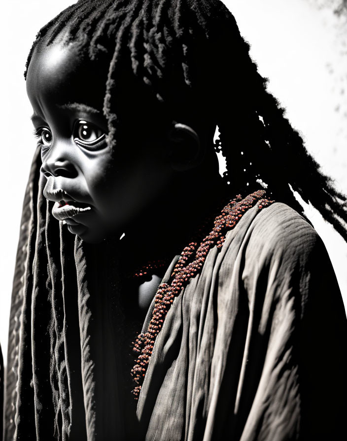 Monochrome close-up portrait of child with striking eyes and bead necklace