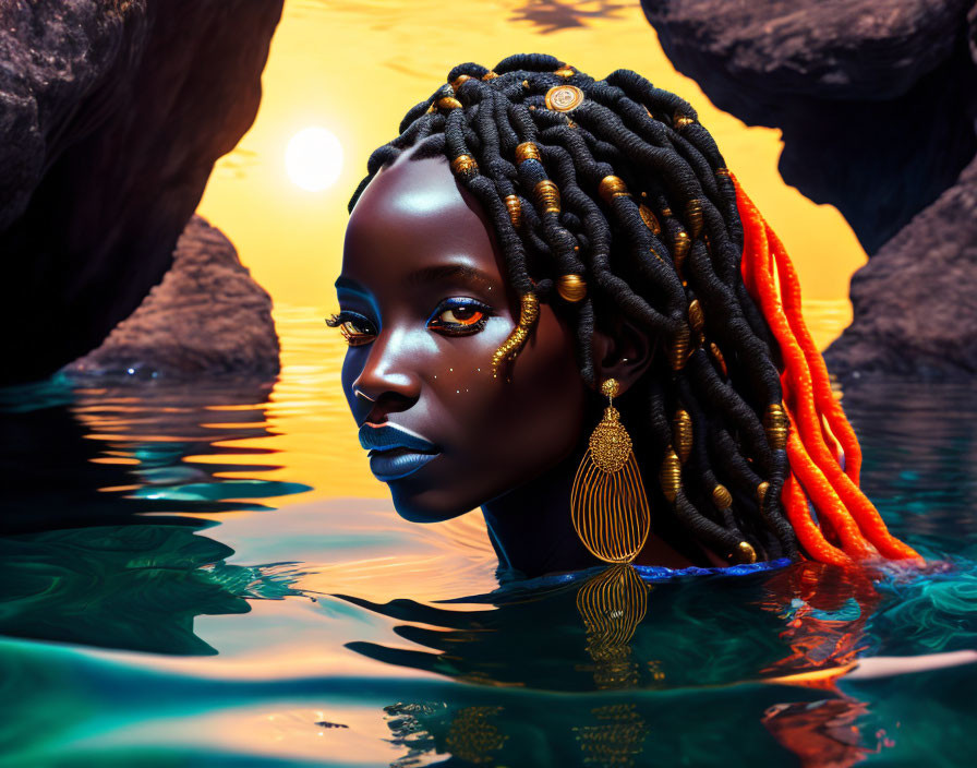 Digital Artwork: Woman in Water with Braids and Glowing Eyes