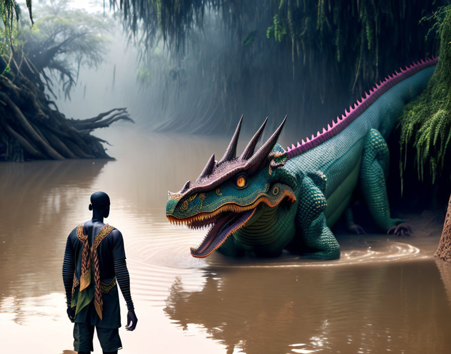 Man faces colorful dragon in mystical river landscape