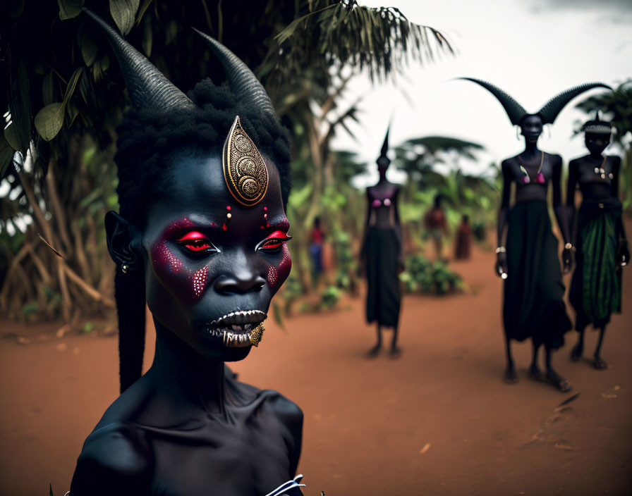 Intricate Black and Gold Horned Headdress in Red-Eyed Design