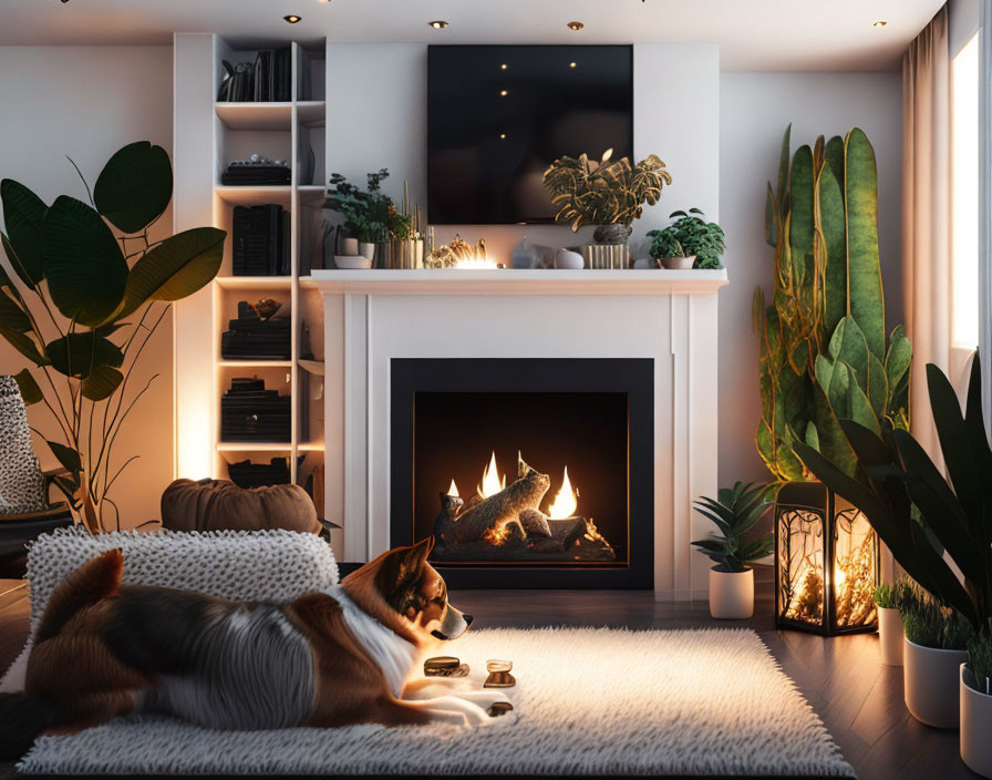 Inviting room with fireplace, plants, dog, bookshelves, and cozy lighting