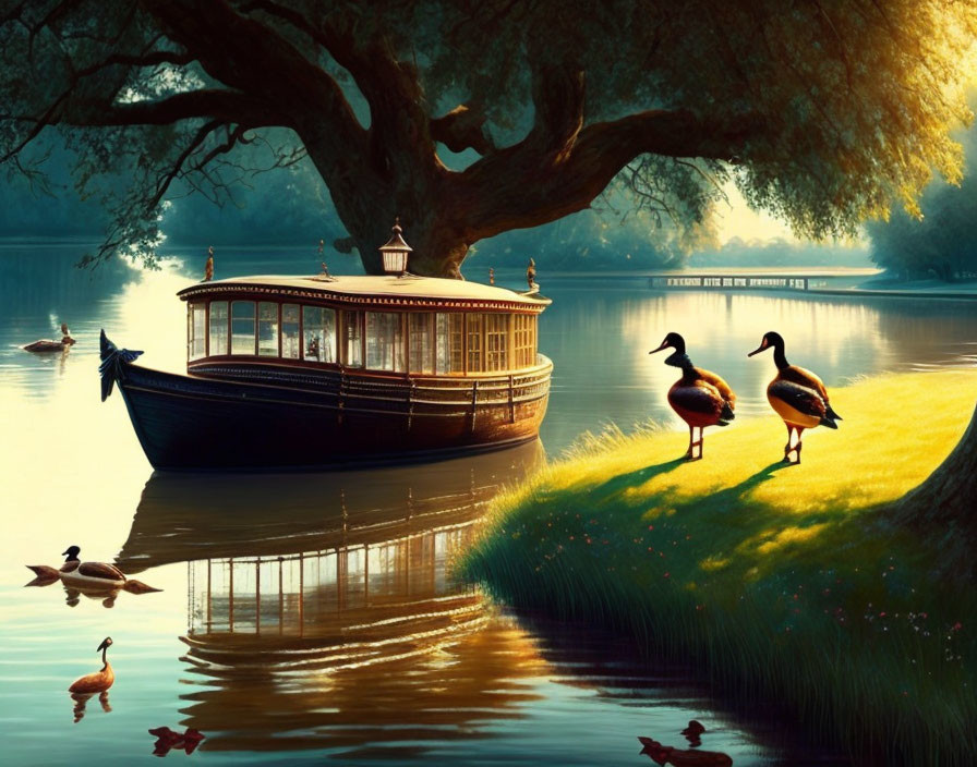 Vintage boat on calm waters with ducks in tranquil, golden landscape